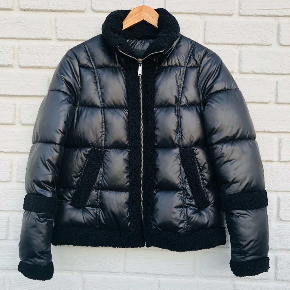 Sam Edelman Hooded Sherpa Trim Puffer Coat Size Small